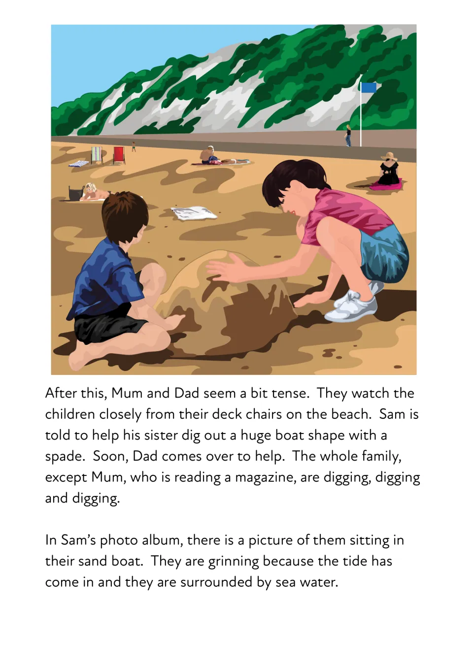Story continuation: Sam, Kim, and Dad dig a sand boat; a photo captures them inside it as the tide comes in.