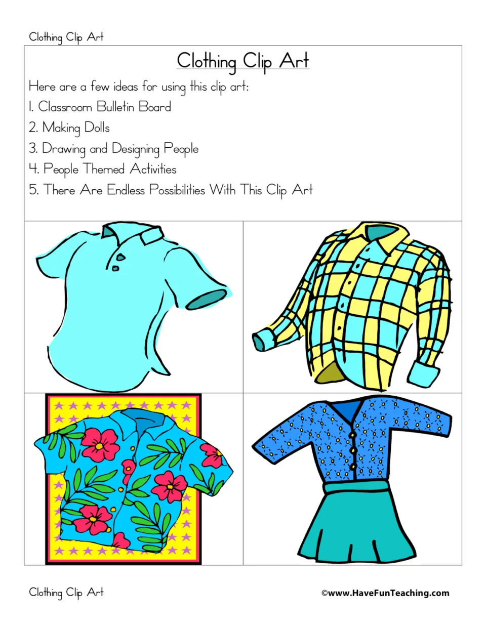 Clothing Clip Art ideas (bulletin board, dolls, designing people) above a polo, plaid shirt, Hawaiian shirt and outfit