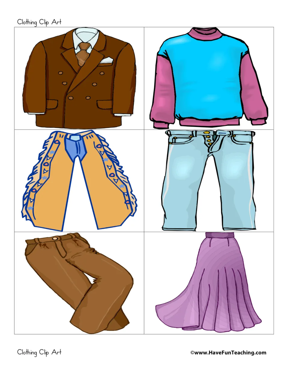 Clothing pictures to cut out: a suit jacket with tie, a sweatshirt, cowboy chaps, jeans, brown pants and a long skirt