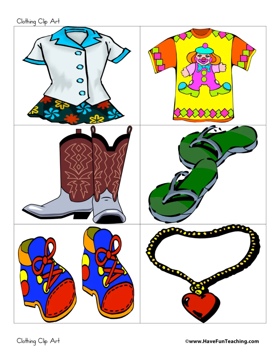 Footwear and outfit pictures: blouse with flowered skirt, clown T-shirt, cowboy boots, flip-flops, laced shoes, necklace