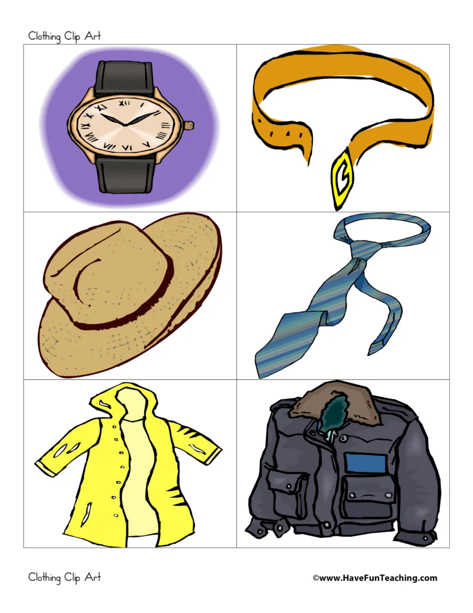 Accessories and outerwear pictures: wristwatch, belt, straw hat, striped necktie, yellow raincoat and leather jacket