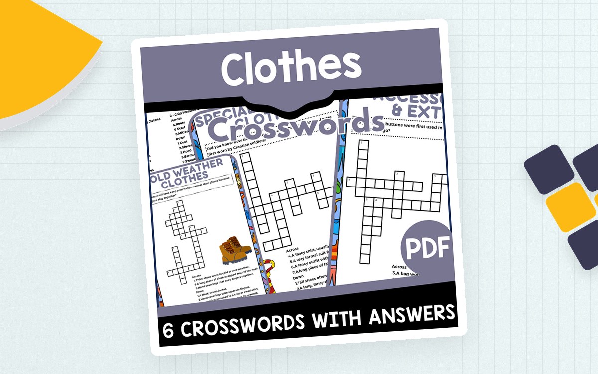 Clothes crossword bundle cover showing overlapping puzzle pages for cold weather, special occasions and accessories, with a six-crossword label.