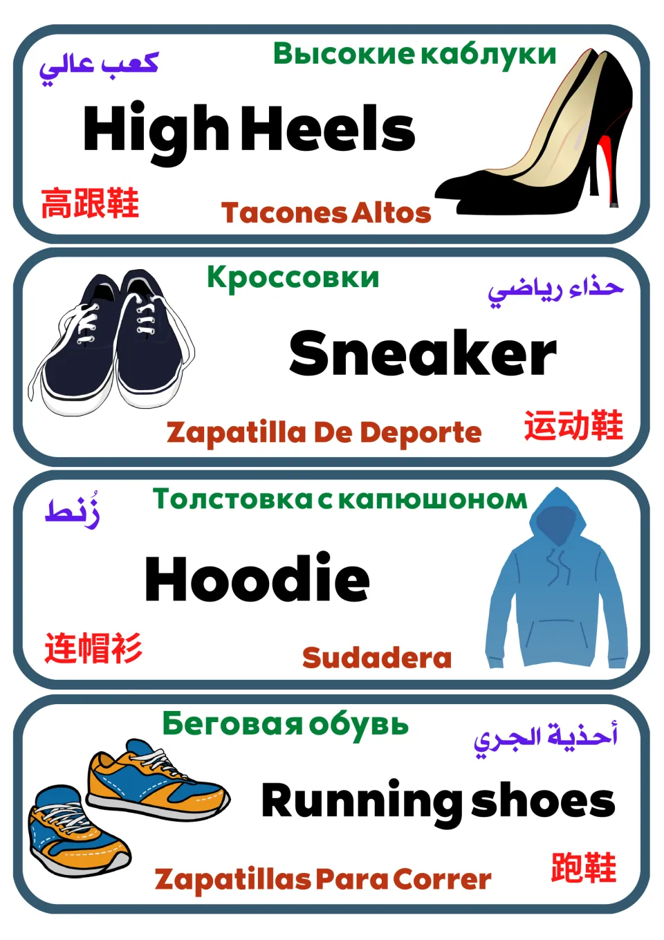 Multilingual clothing flashcards 25–28: high heels, sneaker, hoodie, and running shoes in five languages.