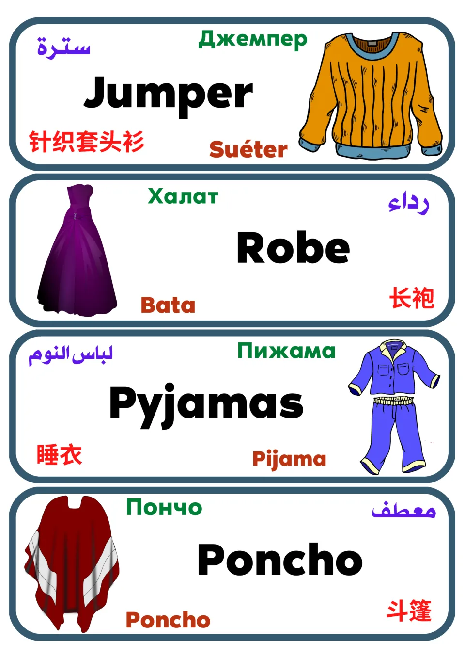 Multilingual clothing flashcards 29–32: jumper (sweater), robe, pajamas, and poncho in five languages.