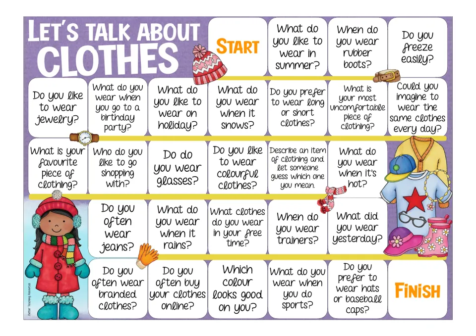 Color clothes speaking board: students move Start to Finish answering 26 questions like what they wear when it rains