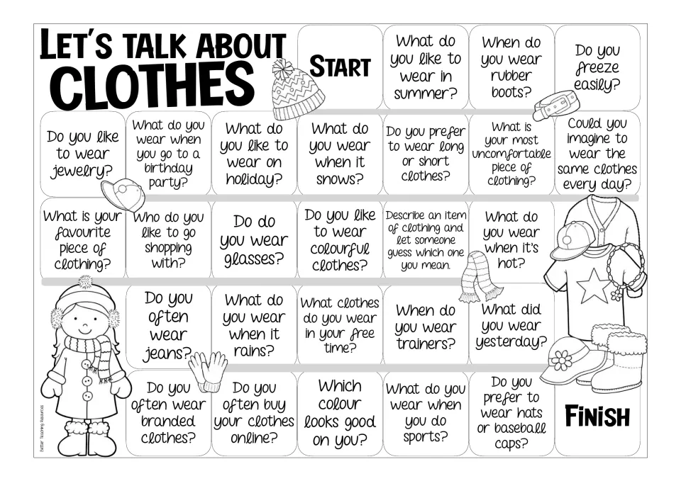 Black-and-white clothes board: students answer prompts like describing an item for others to guess, Start to Finish