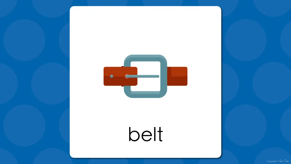 Clothing word reveal: the belt picture now appears with the word 'belt' so students check their guess and read the word