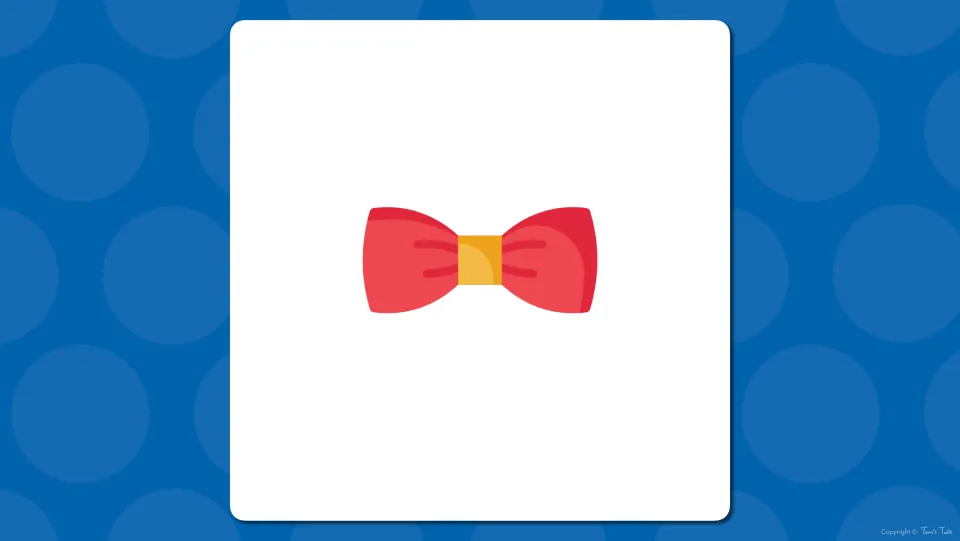 Clothing vocabulary picture prompt: a red bow tie with a yellow knot is shown unlabeled so students can say what it is
