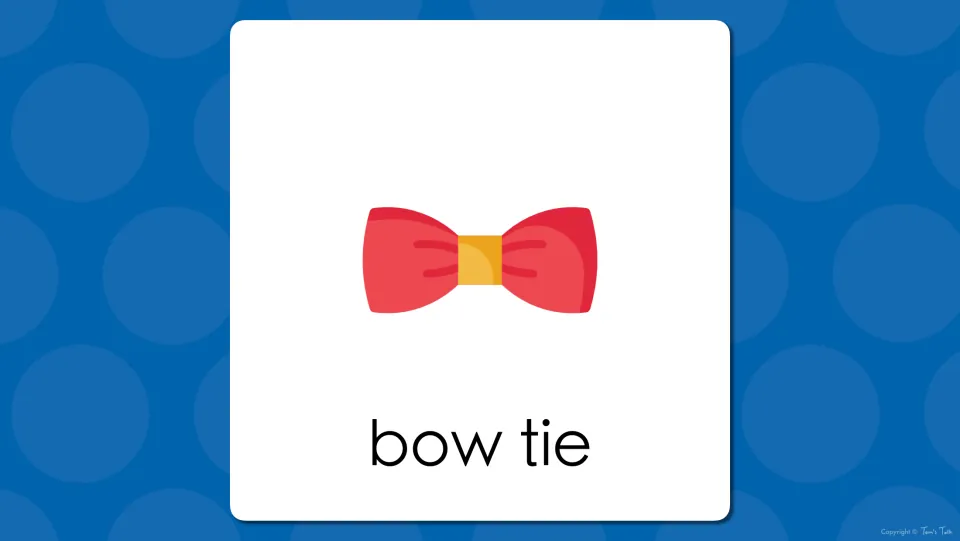 Clothing word reveal: the red bow tie is labeled 'bow tie' so students match the two-word name to the picture