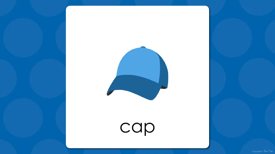 Clothing word reveal: the blue baseball cap appears with the word 'cap' so students confirm their answer