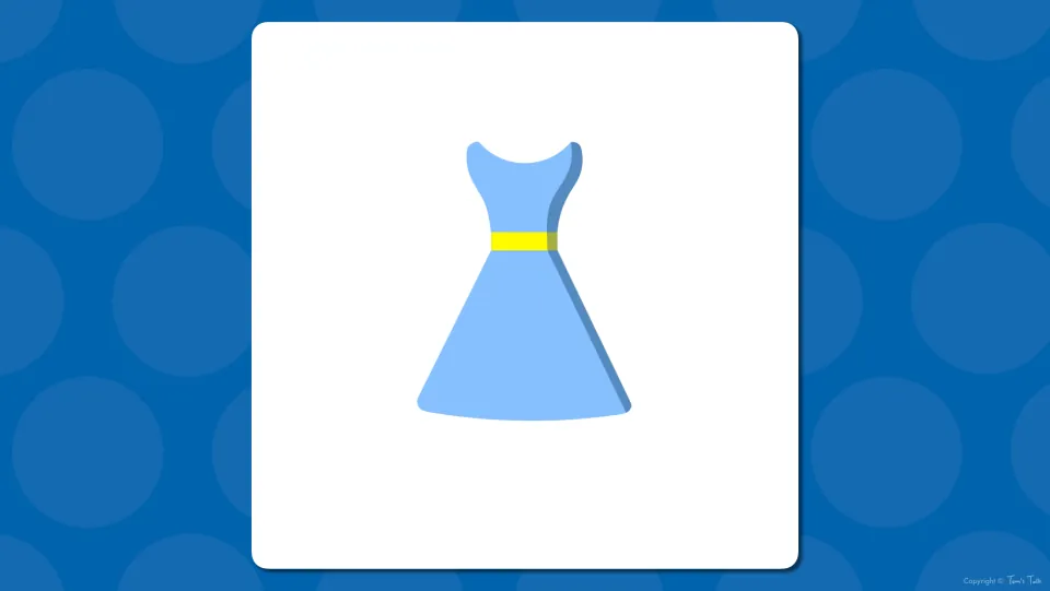 Clothing vocabulary picture prompt: a blue sleeveless dress with a yellow waistband shown unlabeled for students to name