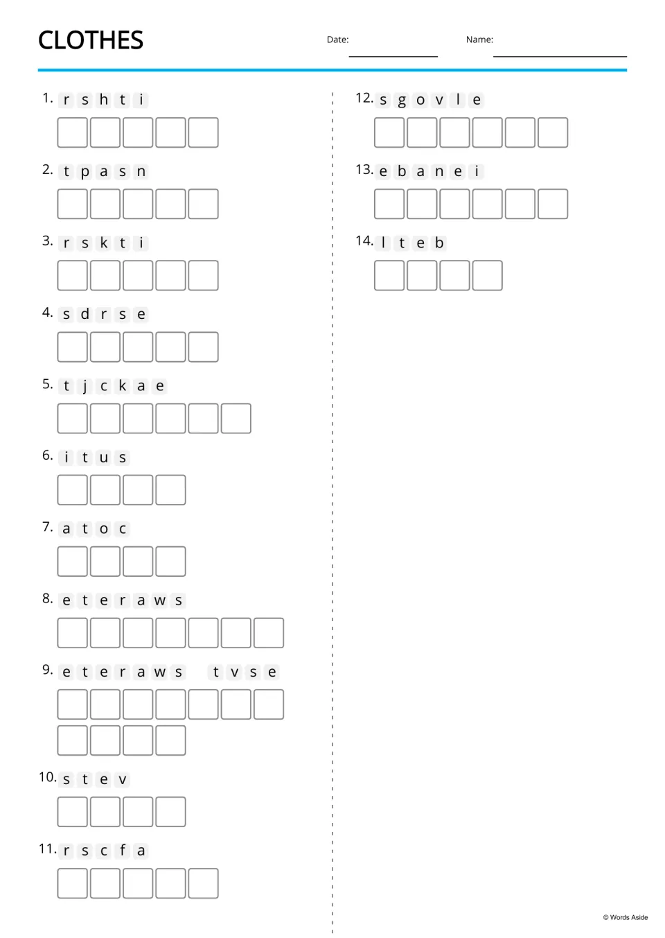 Clothes anagrams: students unscramble 14 jumbled words such as rshti and sgovle into clothing names, one letter per box