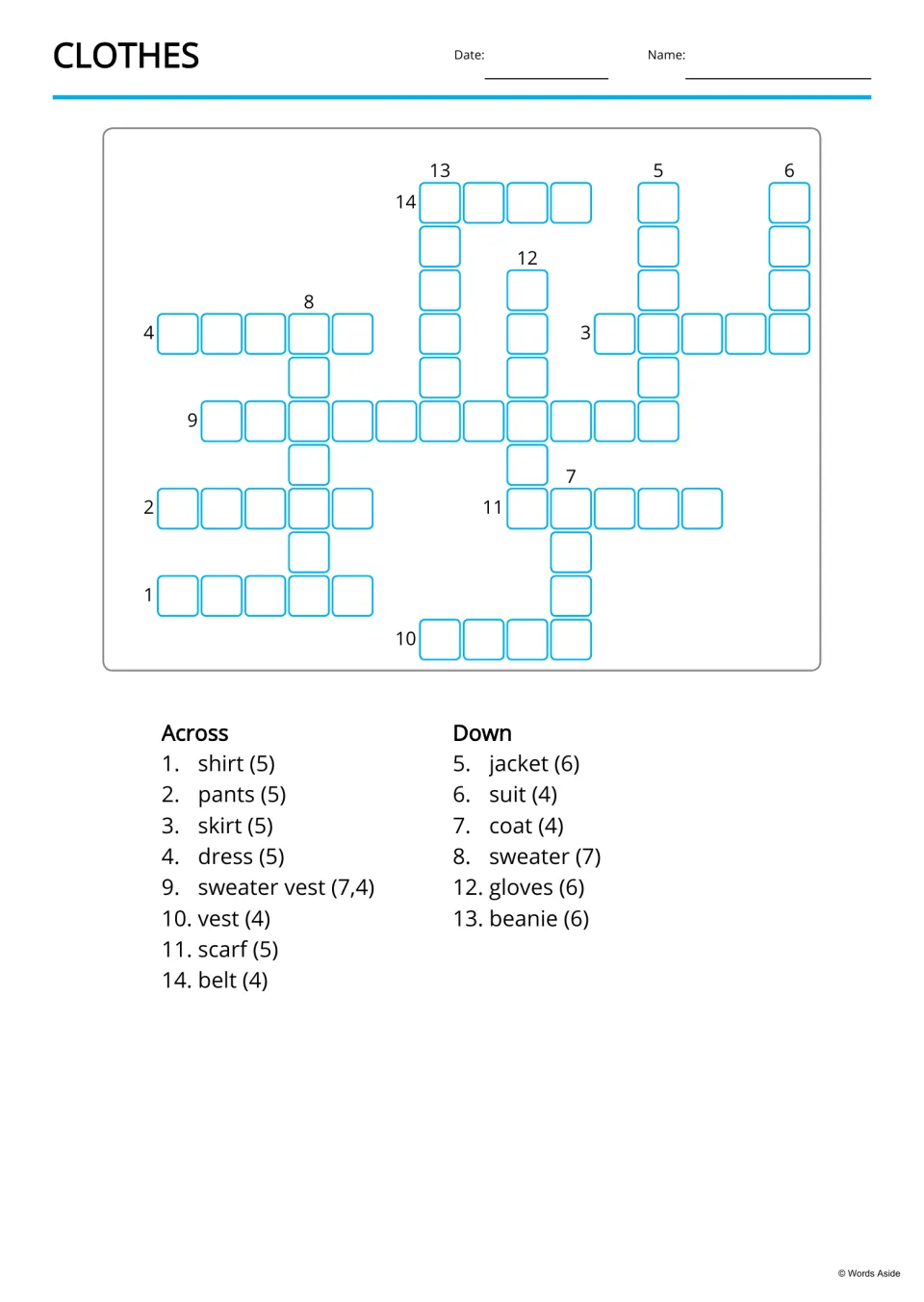 Clothes crossword: students fill in 14 clothing words like shirt, jacket and sweater vest from Across and Down word clues