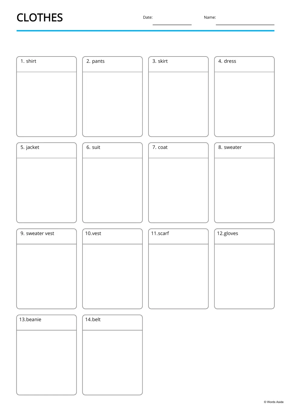 Draw the clothes: students draw each of 14 labelled items, from shirt and pants to scarf, gloves, beanie and belt
