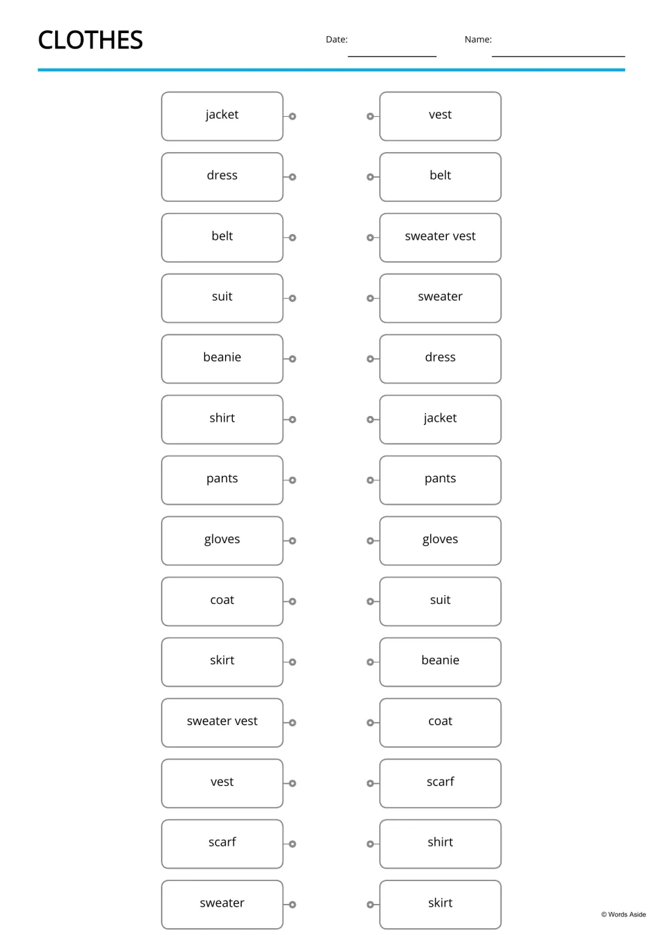 Clothes word matching: students draw a line joining each clothing word on the left to the same word in the mixed right list