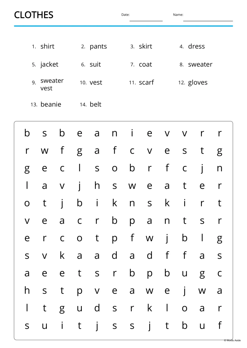 Clothes word search: students find 14 clothing words, including beanie, sweater vest and scarf, hidden in a letter grid