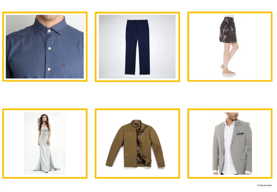 Clothing photo cards: photos of a patterned shirt, navy pants, a skirt, a long gown, a brown jacket and a grey suit