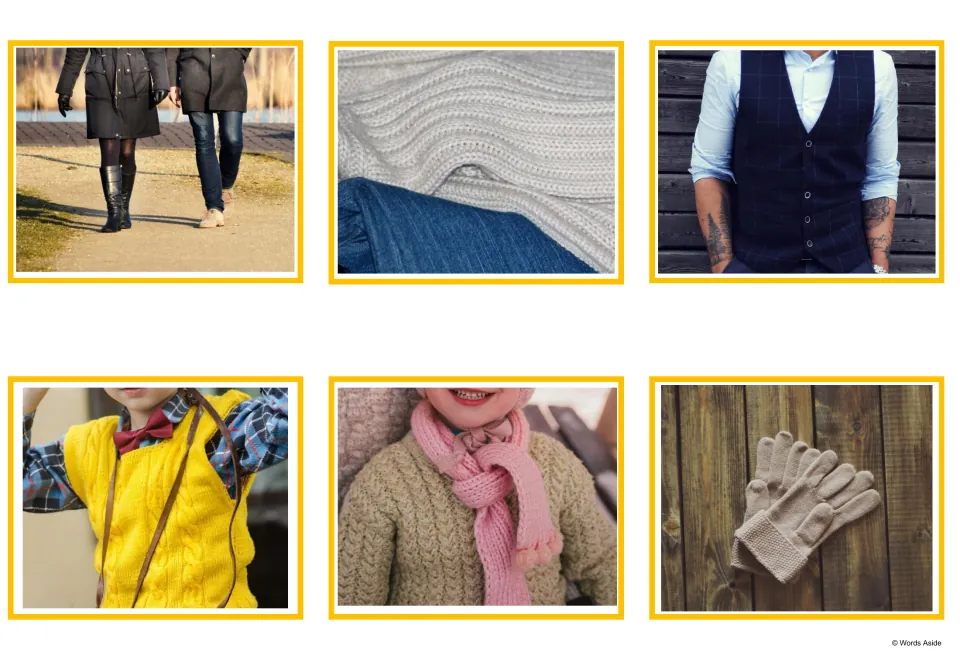 Clothing photo cards: people in winter coats, a knit sweater, a waistcoat, a child's sweater vest, a pink scarf and gloves