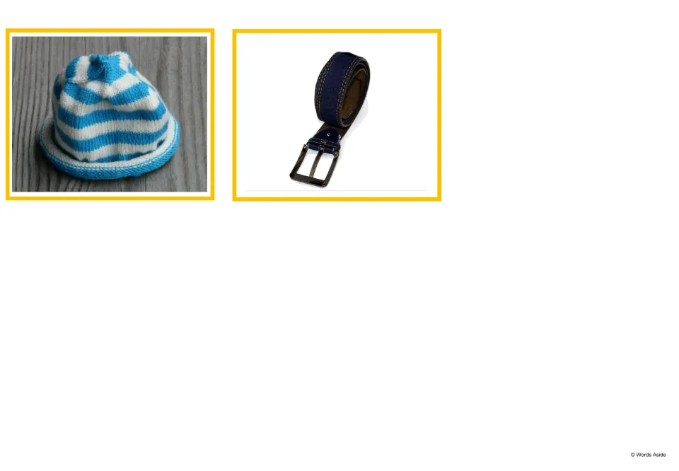 Clothing photo cards: the final two pictures, a blue and white striped knit beanie and a navy belt with a metal buckle