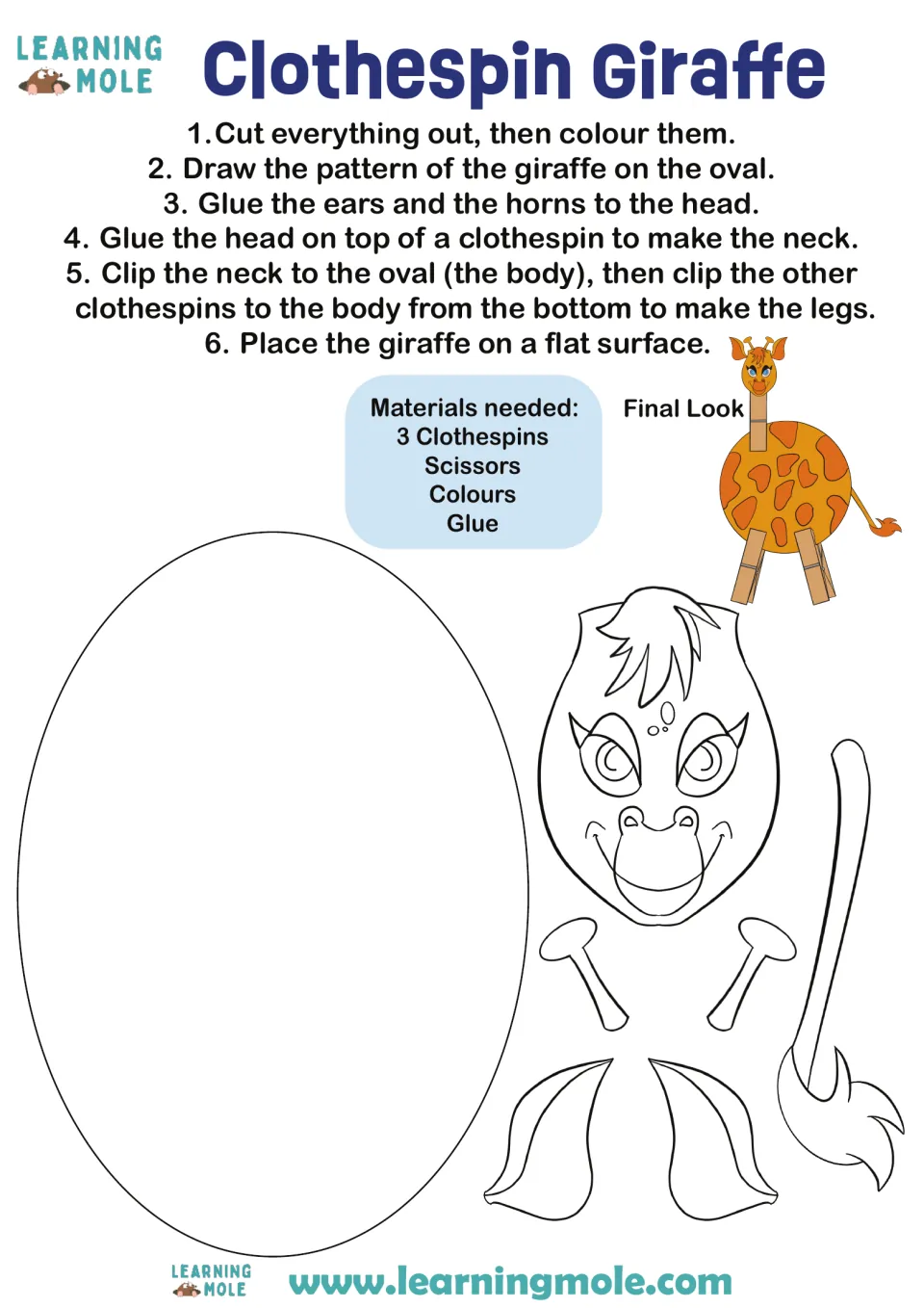 Giraffe craft: students color and cut out oval body, head, ears, horns and tail, then clip on clothespins as neck and legs