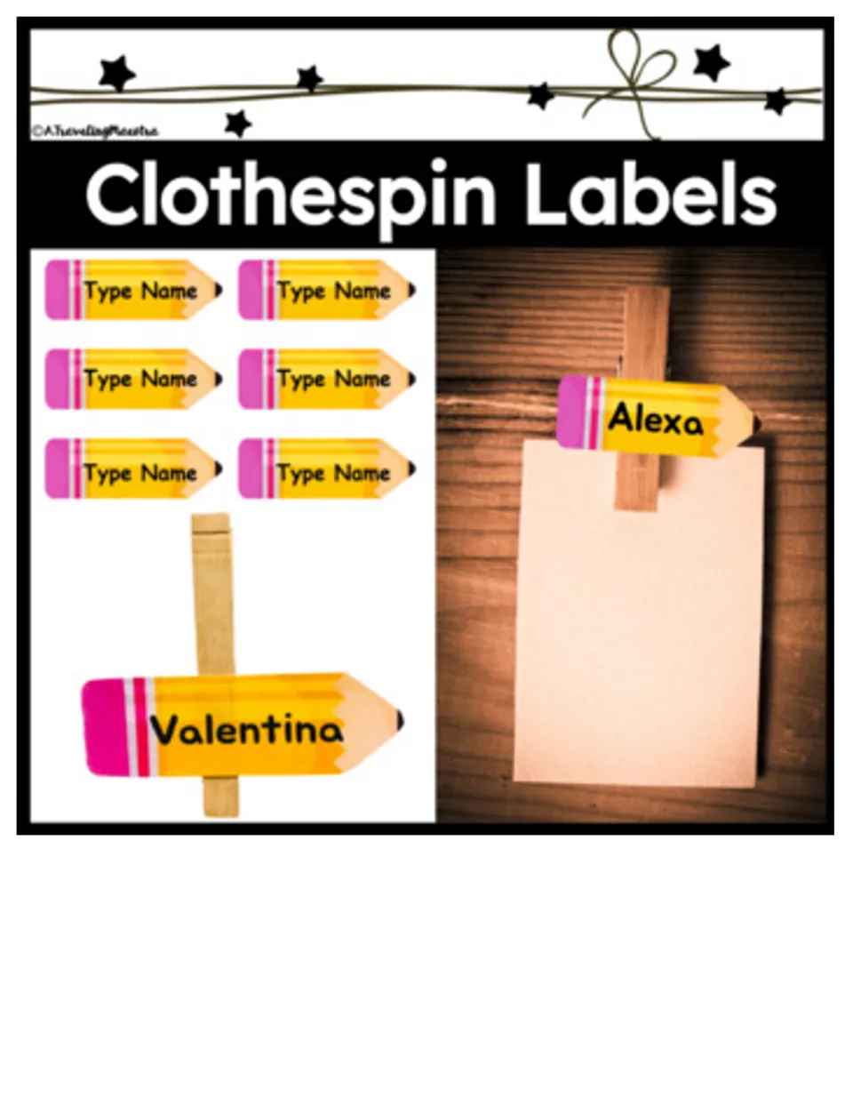 Cover for pencil-shaped clothespin name labels, showing 'Type Name' samples and labels for Alexa and Valentina