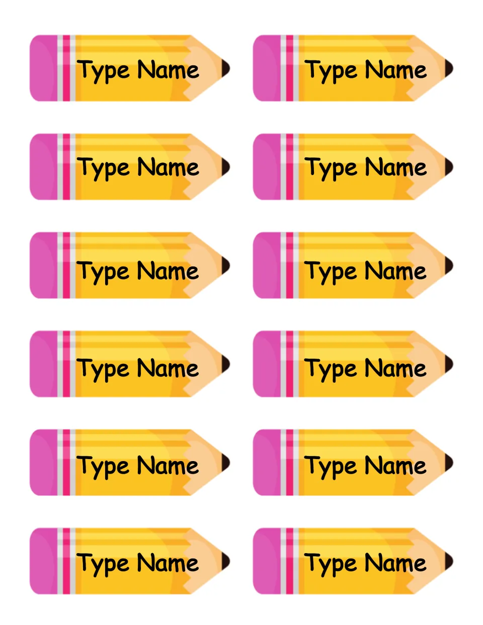 Editable label sheet with 12 pencil-shaped name labels, each reading 'Type Name', for student work displays