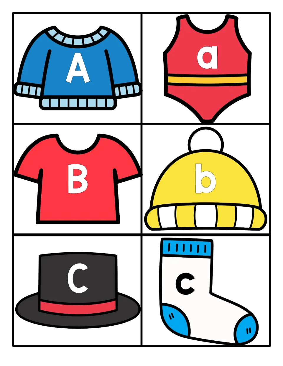 Letter cards A to C: uppercase and lowercase on clothing pictures (sweater, swimsuit, T-shirt, hat, sock) for matching