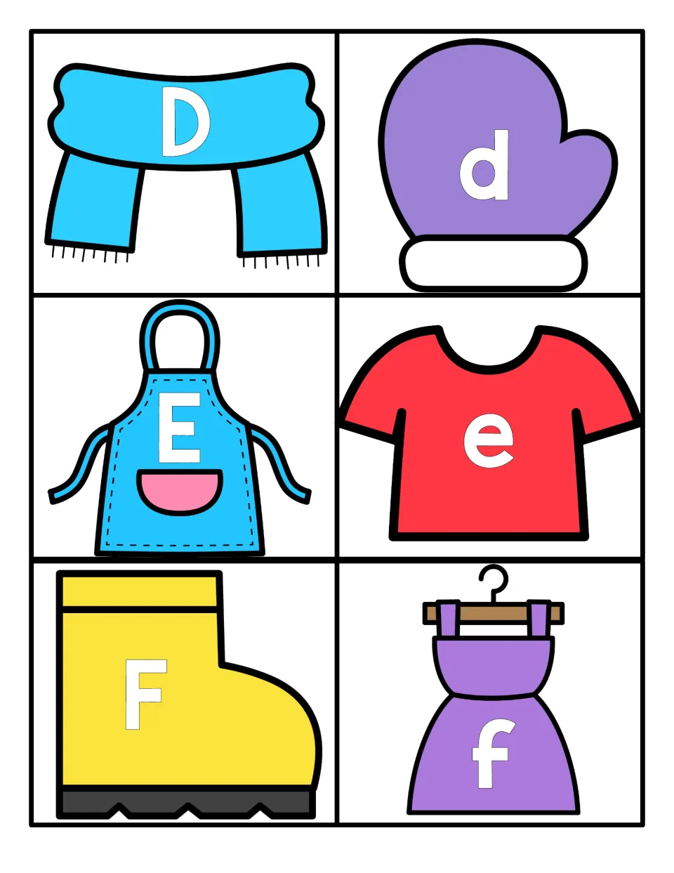 Letter cards D to F: capital and small letters on a scarf, mitten, apron, T-shirt, boot and dress for pairing up