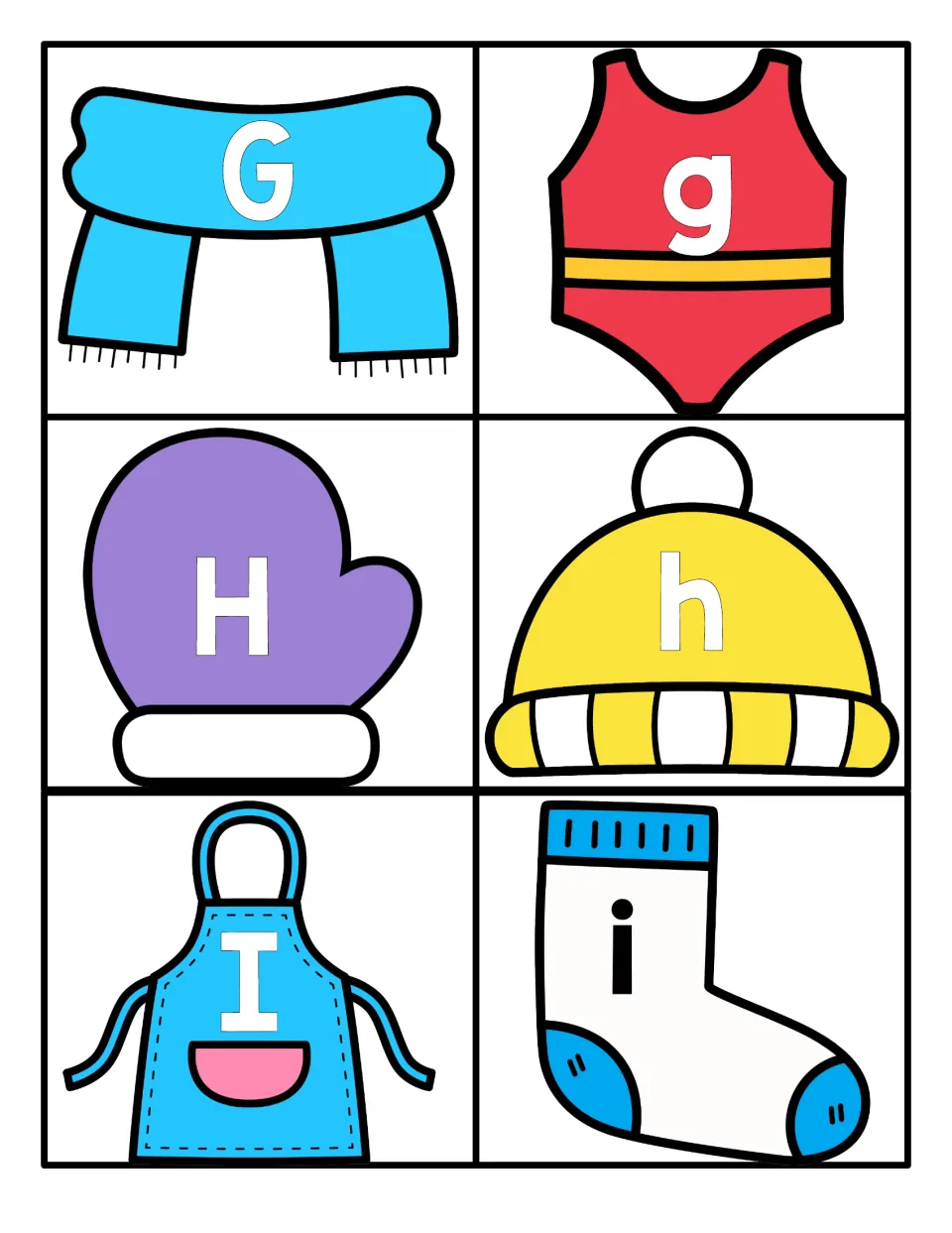Letters G, H and I: uppercase and lowercase cards on a scarf, swimsuit, mitten, beanie, apron and sock to match