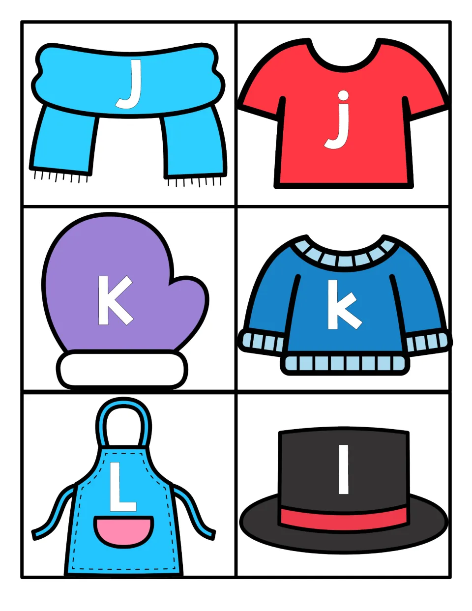 Letters J, K and L: match capital and small letters on a scarf, T-shirt, mitten, sweater, apron and top hat