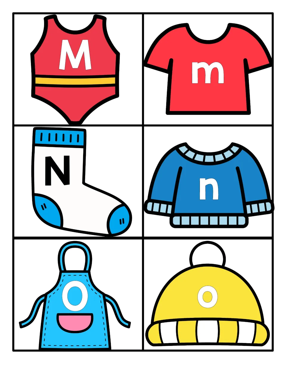 Letters M, N and O: capital and lowercase pairs on a swimsuit, T-shirt, sock, sweater, apron and beanie to match
