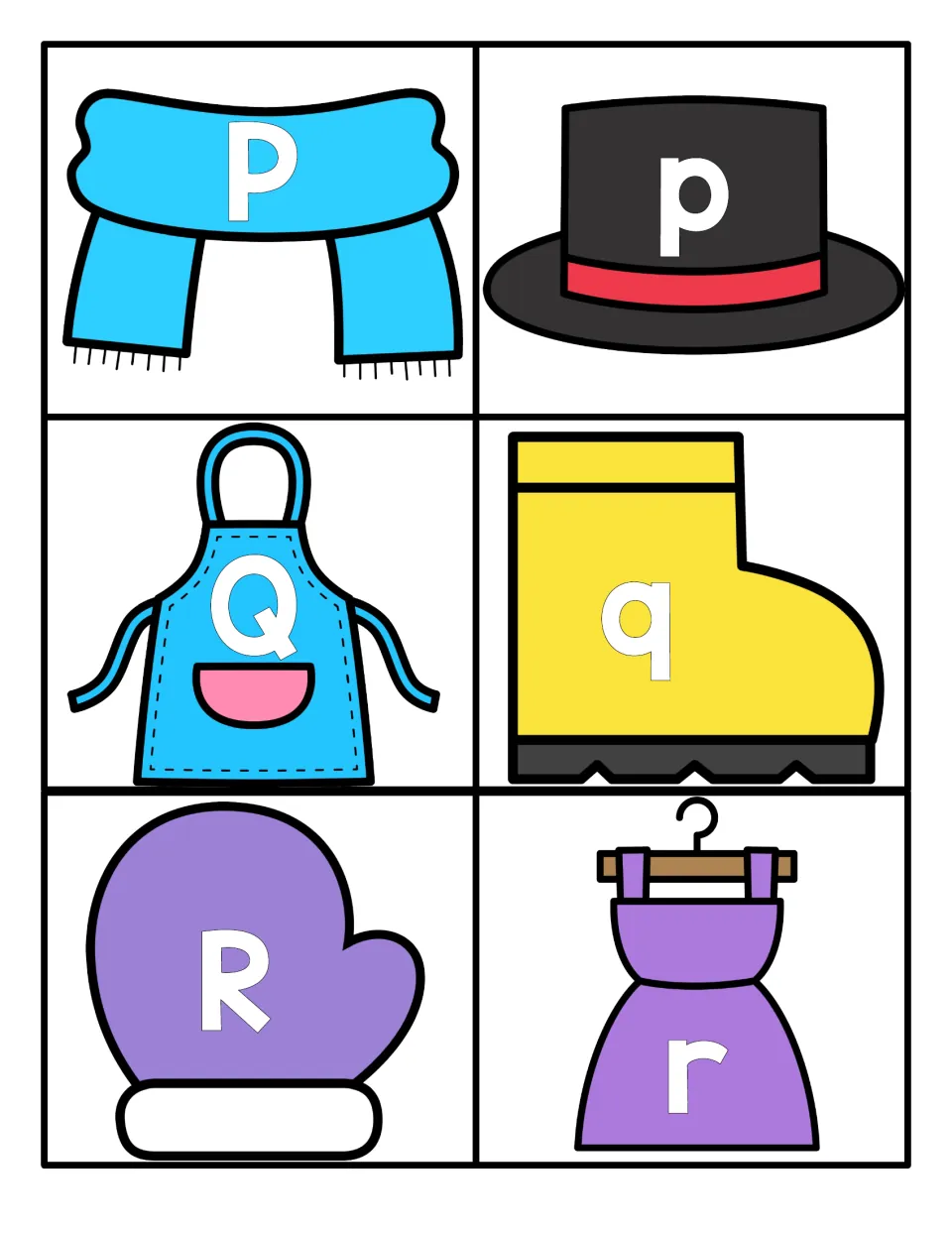 Letters P, Q and R: capital and small cards on a scarf, top hat, apron, boot, mitten and dress for matching