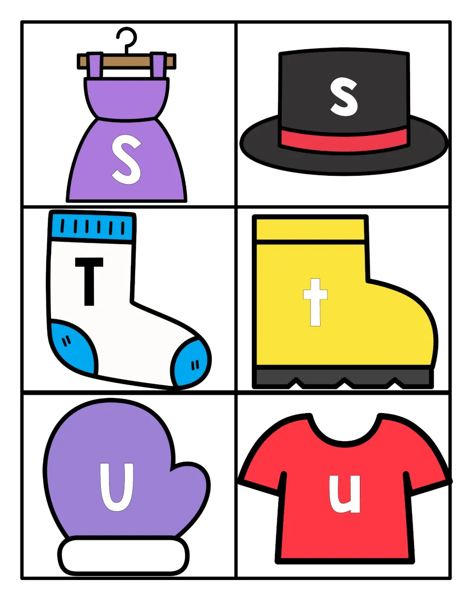 Letters S, T and U: capital and small letters on a dress, top hat, sock, boot, mitten and T-shirt to pair up