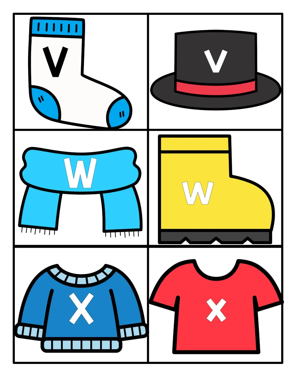 Letters V, W and X: match capital and lowercase letters on a sock, top hat, scarf, boot, sweater and T-shirt