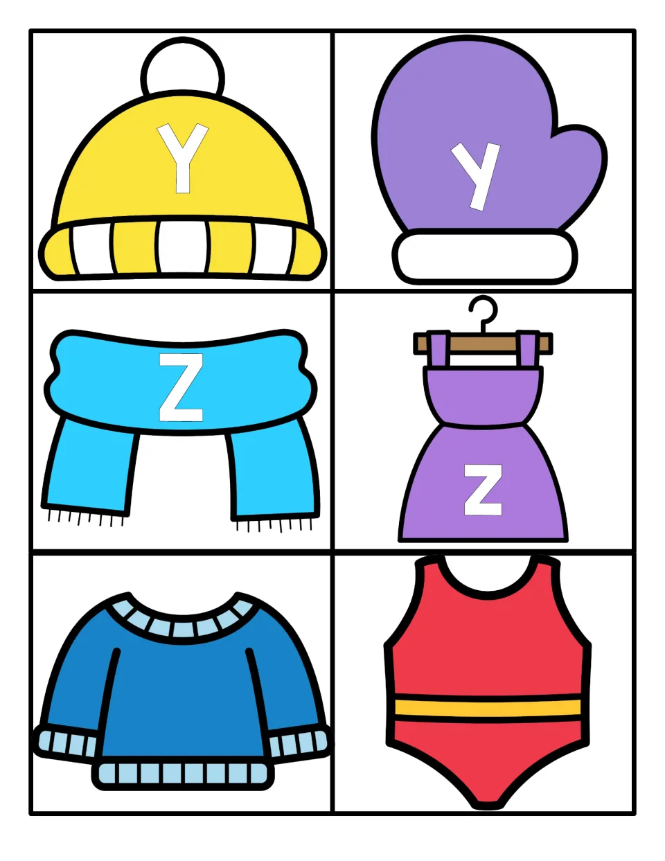 Letters Y and Z: uppercase and lowercase cards on a beanie, mitten, scarf and dress, plus blank sweater and swimsuit cards