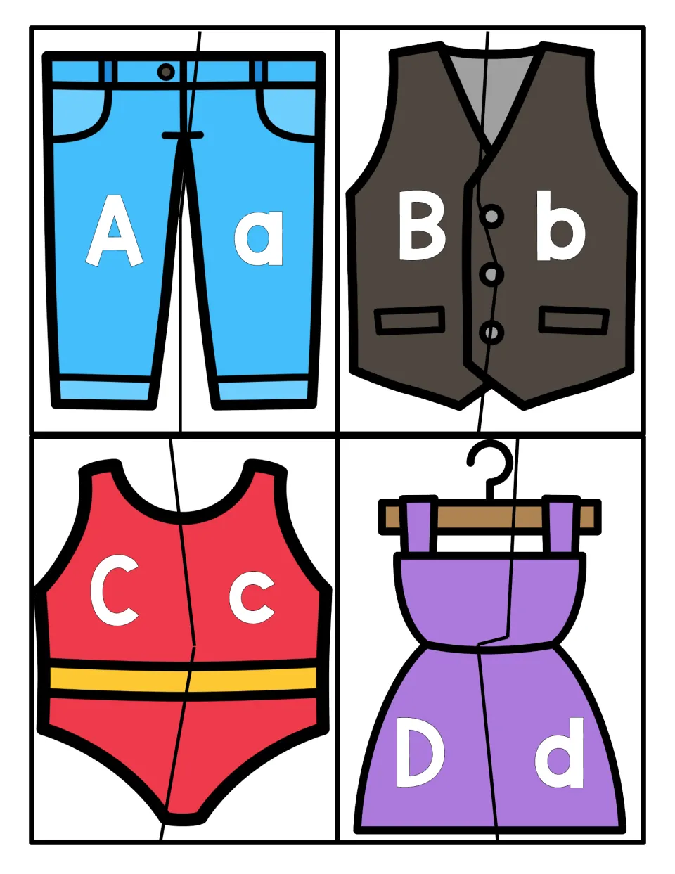 Letter matching A to D: students join two-piece jeans, vest, swimsuit and dress puzzles pairing each capital and lowercase