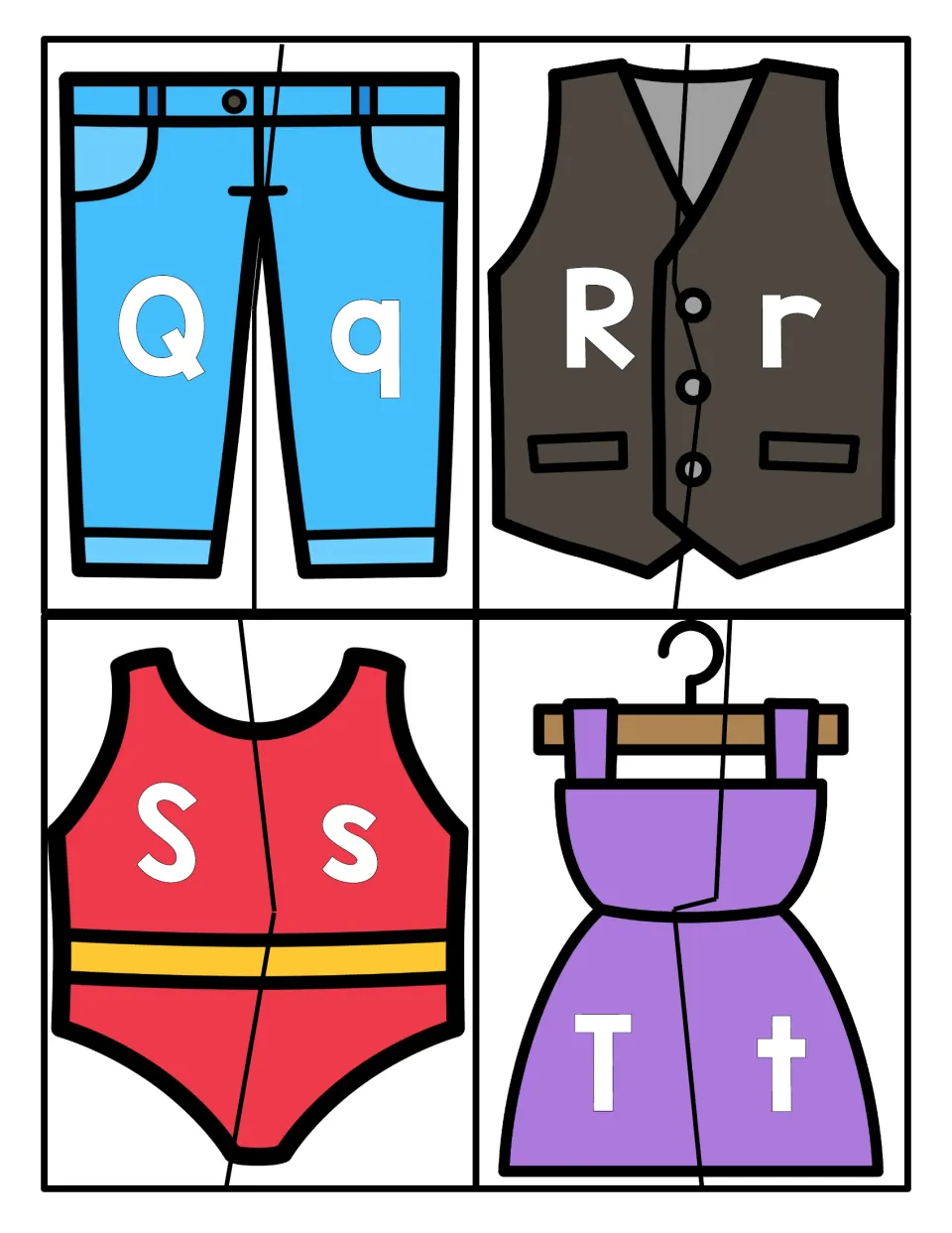 Matching Q to T: students join halves of jeans, vest, swimsuit and dress puzzles showing Qq, Rr, Ss and Tt letter pairs
