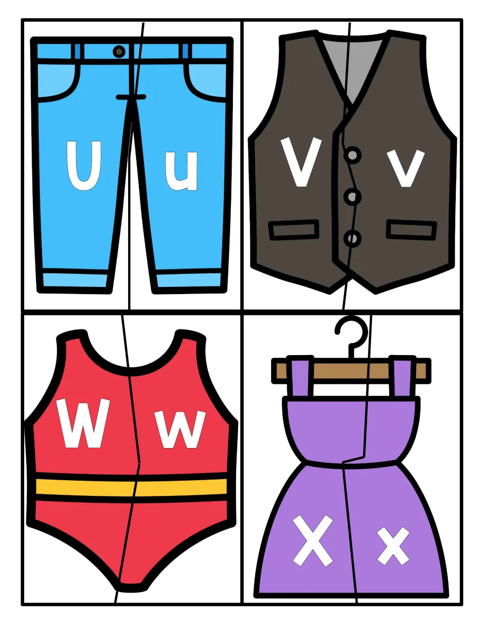 Letters U to X: students match uppercase and lowercase halves of Uu, Vv, Ww and Xx on jeans, vest, swimsuit and dress