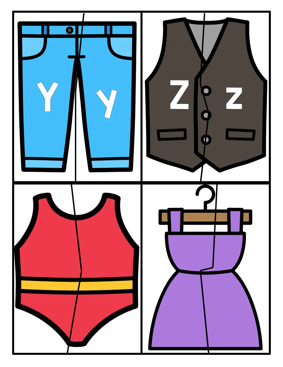 Final letters Y and Z on jeans and vest puzzles for capital-lowercase matching, plus blank two-piece swimsuit and dress