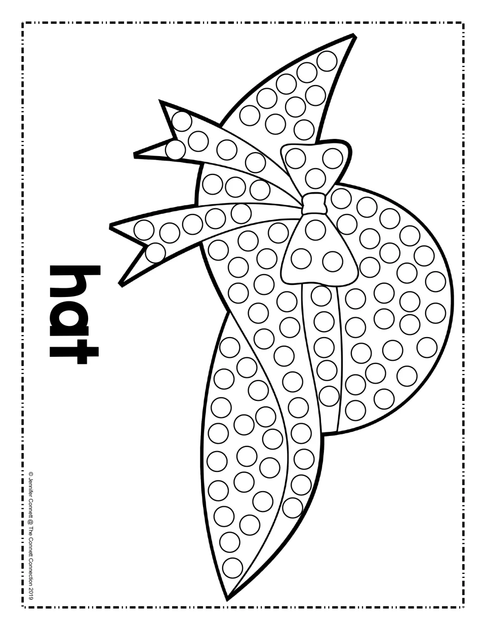 Hat dot painting: students dab a paint dot in each circle on a sun hat with a bow and ribbons, labeled with the word hat