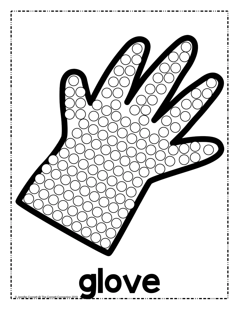 Glove dot painting: students fill each circle on a five-finger glove with a paint dot, with the word glove printed below