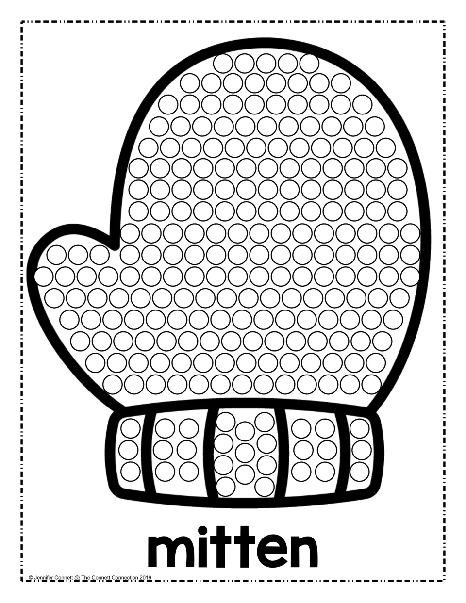 Mitten dot painting: students dot every circle on a mitten and its striped cuff, then read the word mitten underneath