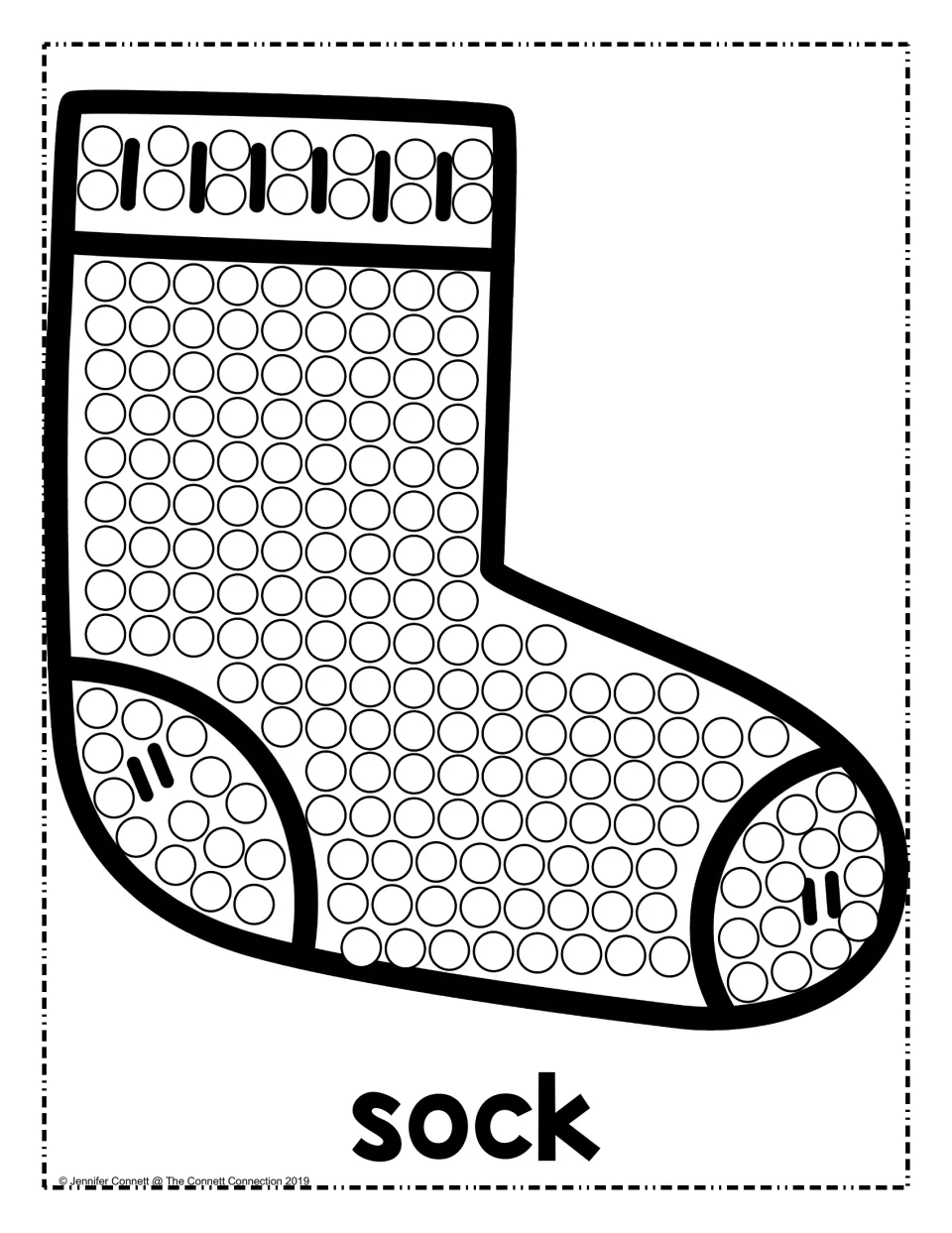 Sock dot painting: students dab paint into the circles on a sock with a ribbed top, heel and toe, labeled with the word sock
