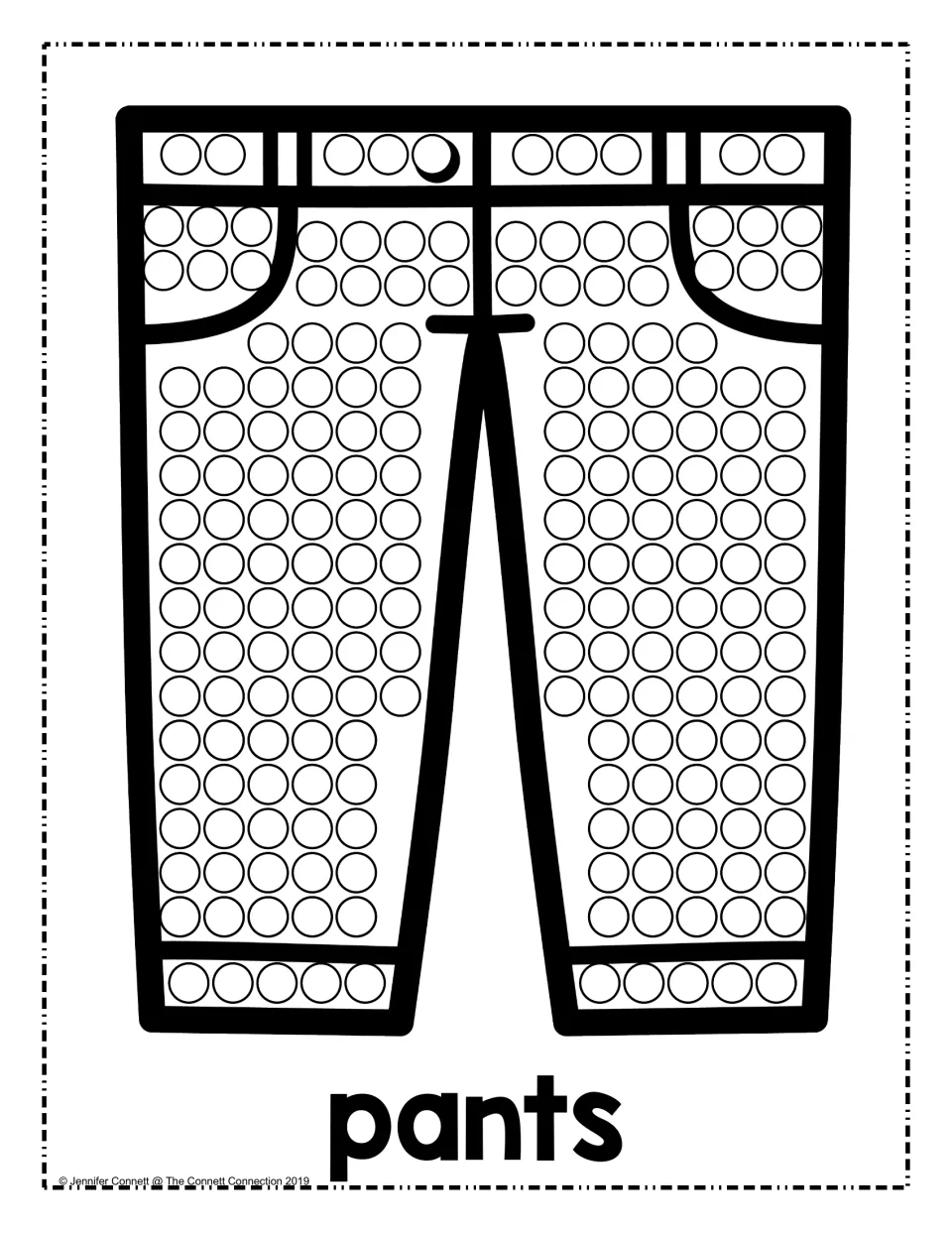 Pants dot painting: students fill the circles on a pair of pants with waistband, pockets and cuffs, above the word pants
