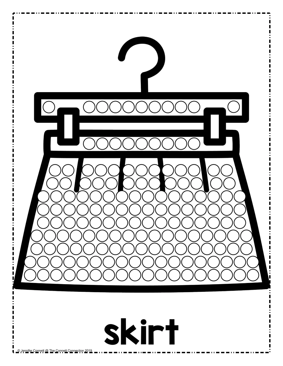 Skirt dot painting: students dot each circle on a pleated skirt on a clip hanger, with the word skirt printed below