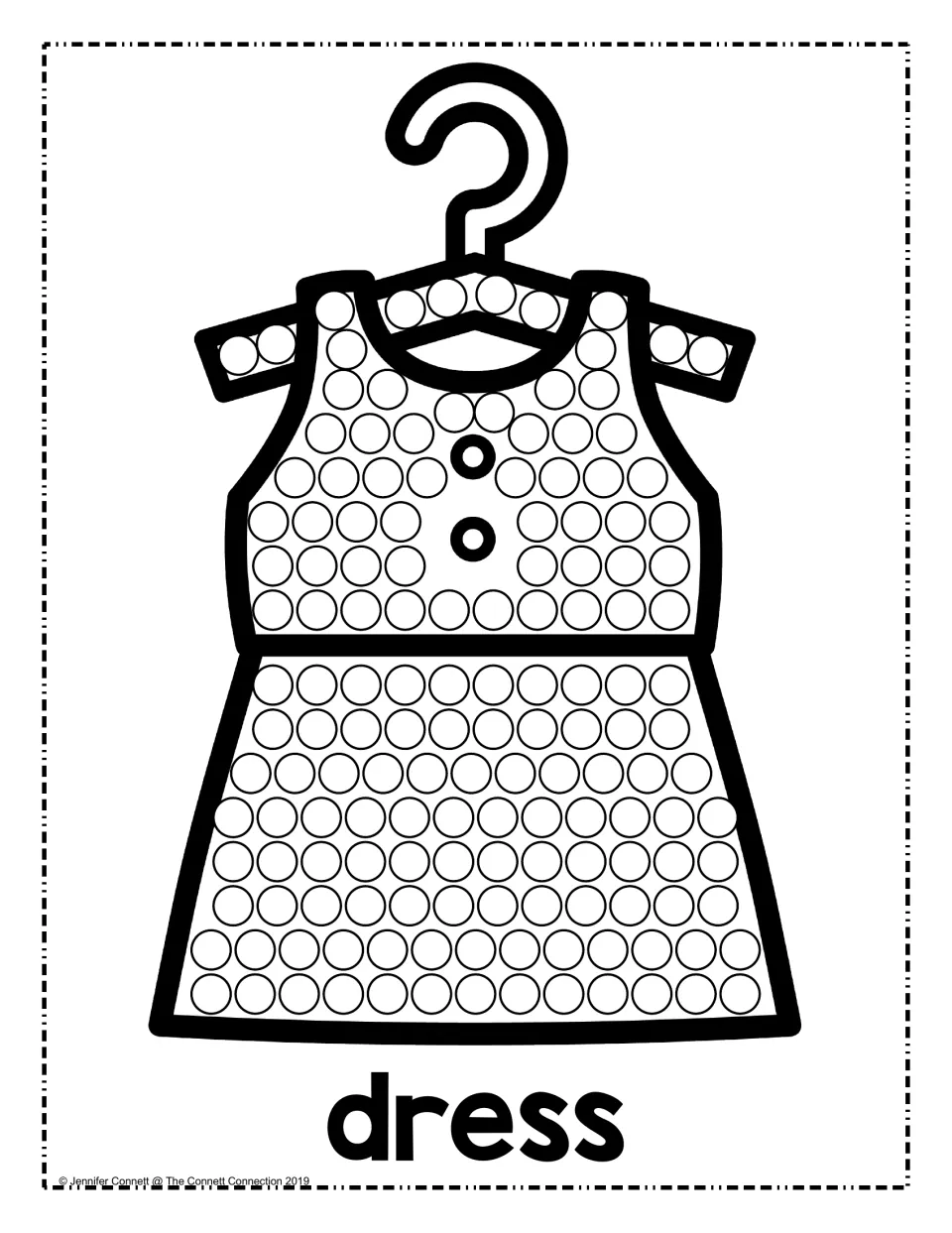 Dress dot painting: students dab paint in the circles on a short-sleeved dress on a hanger, labeled with the word dress