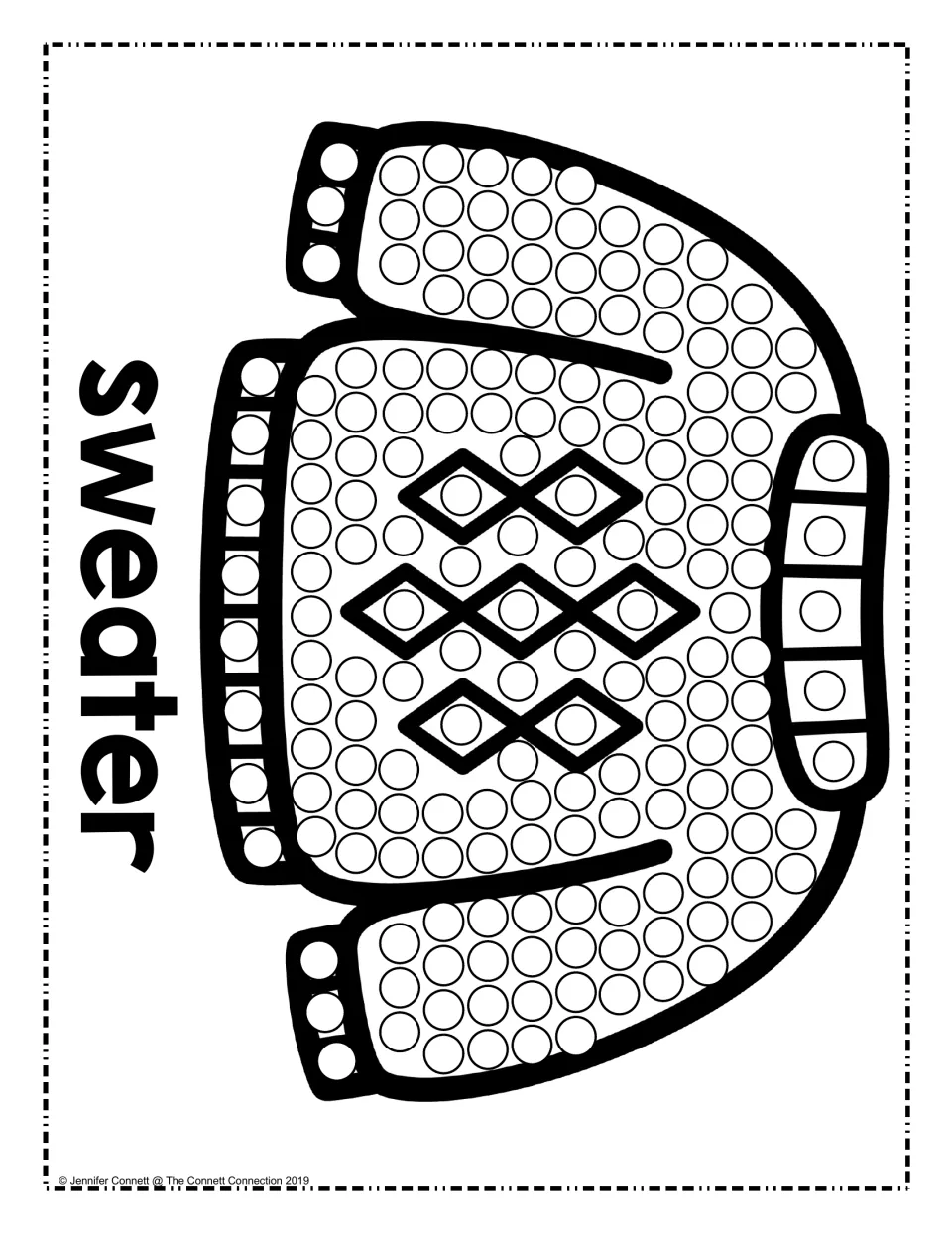 Sweater dot painting: students dot the circles on a sweater with a diamond pattern and ribbed cuffs, labeled sweater