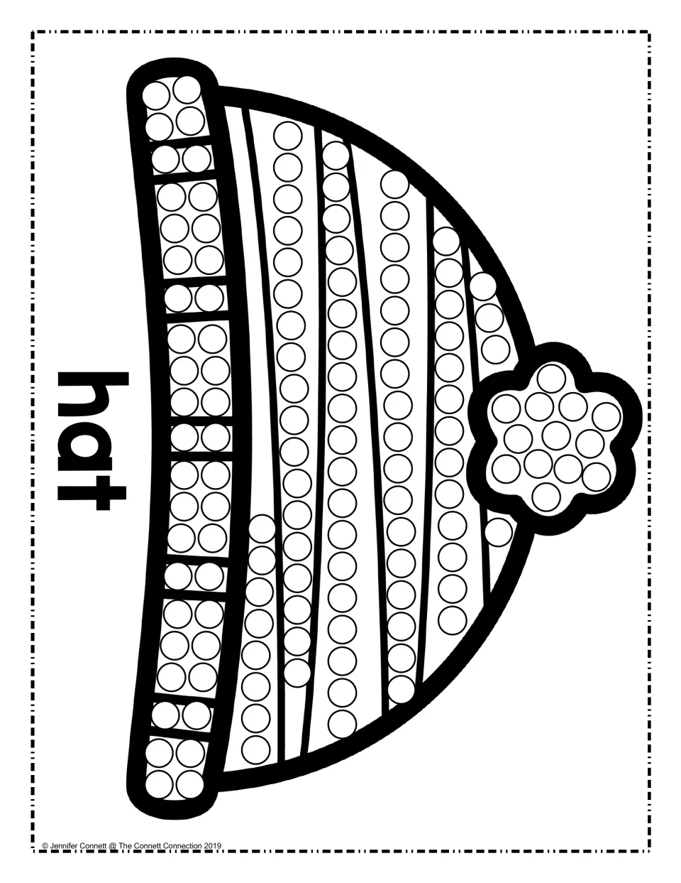 Winter hat dot painting: students dab paint along the stripes, brim and pom-pom circles of a knit beanie labeled hat