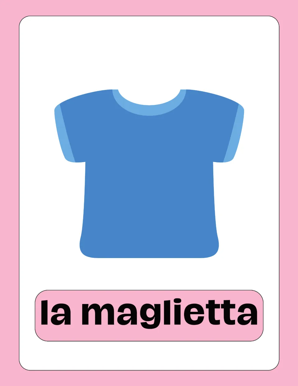 Italian clothing flashcard 1 of 25: a blue T-shirt labeled 'la maglietta' (T-shirt) for vocabulary practice