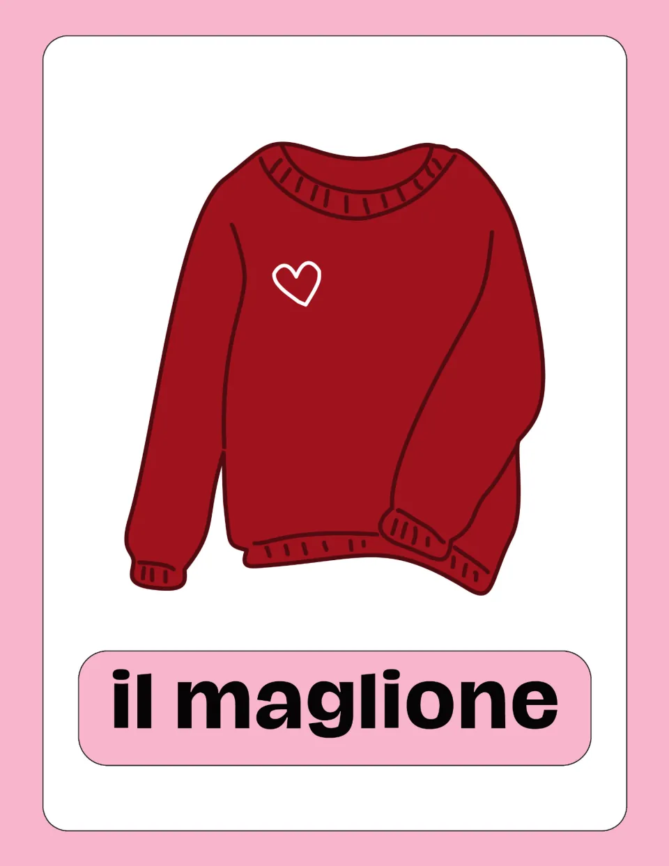 Italian clothing flashcard 3 of 25: a red sweater labeled 'il maglione' (sweater) for vocabulary practice